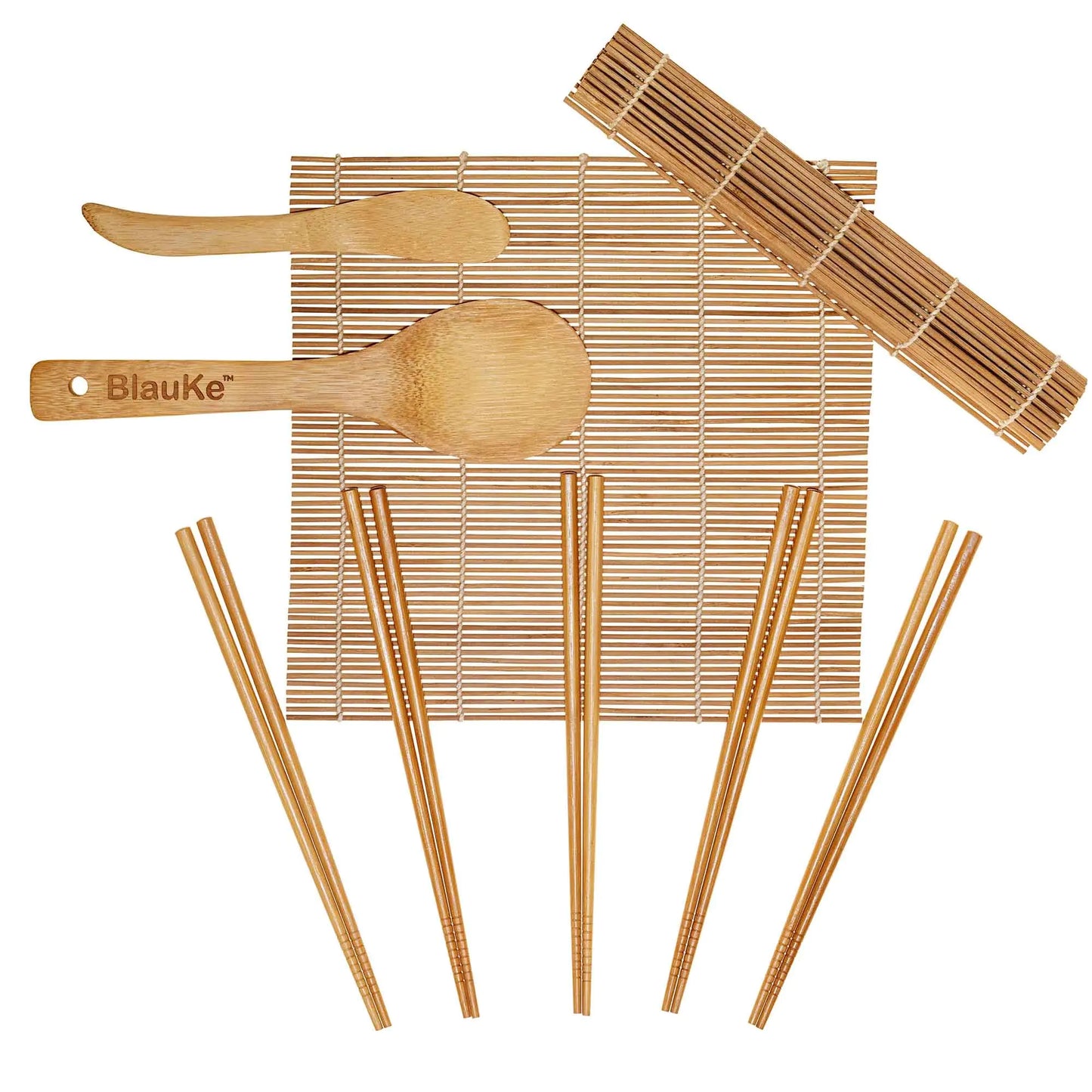 Bamboo Sushi Making Kit with 2 Sushi Rolling Mats, 5 Pairs of Reusable Bamboo Chopsticks, 1 Rice Paddle and 1 Spreader - Beginner Sushi Kit