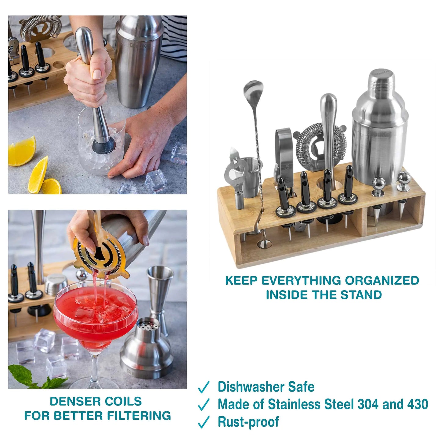 Stainless Steel Cocktail Shaker Set with Stand - 17-Piece Mixology Bartender Kit, Bar Set - 25oz Martini Shaker, Jigger, Strainer, Muddler, Mixing Spoon