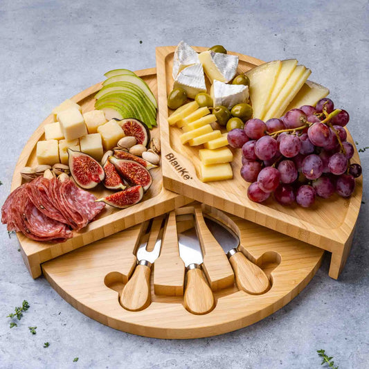 Bamboo Cheese Board and Knife Set - 14 Inch Swiveling Charcuterie Board with Slide-Out Drawer - Cheese Serving Platter, Round Serving Tray