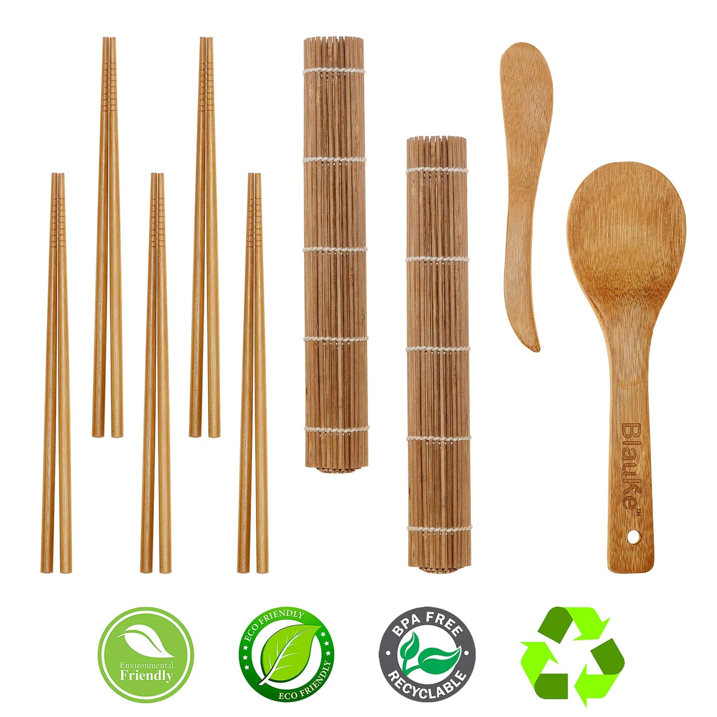 Bamboo Sushi Making Kit with 2 Sushi Rolling Mats, 5 Pairs of Reusable Bamboo Chopsticks, 1 Rice Paddle and 1 Spreader - Beginner Sushi Kit