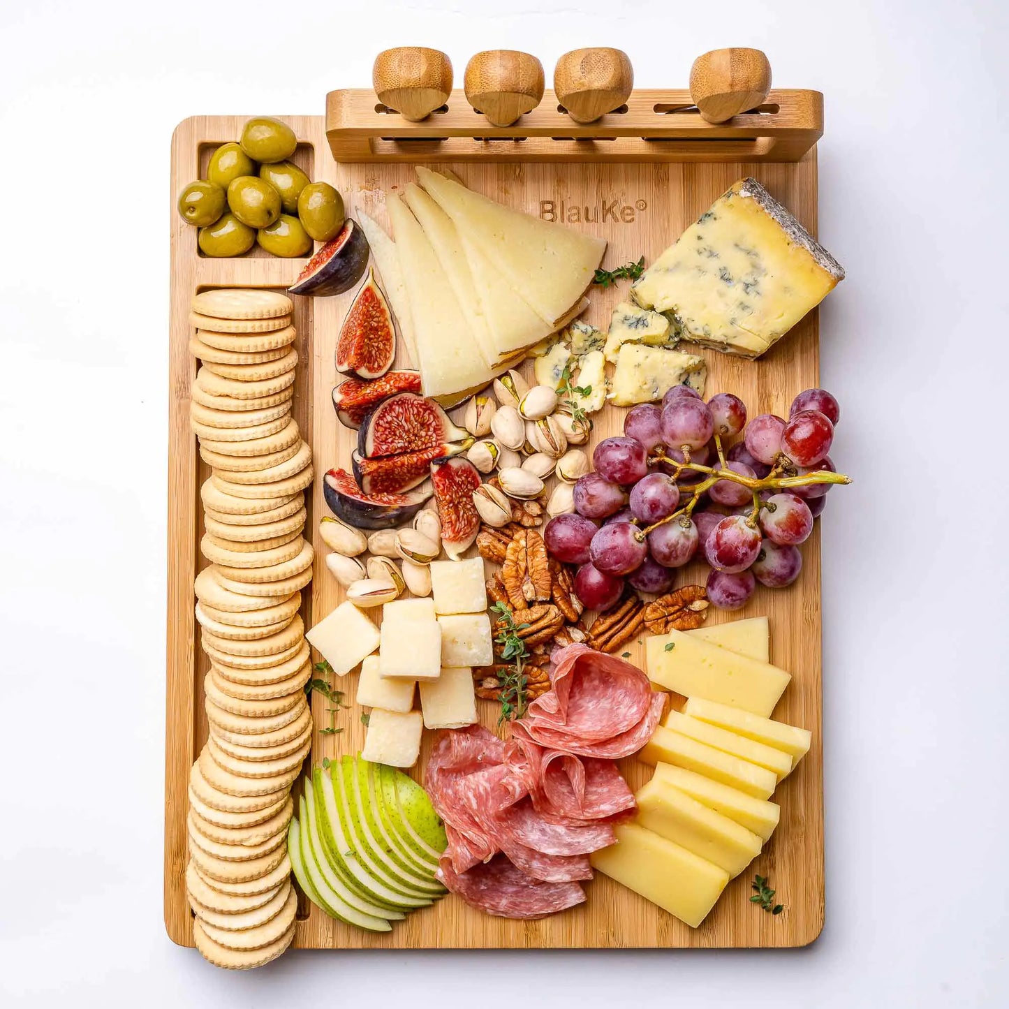 Bamboo Cheese Board and Knife Set - 14x11 inch Charcuterie Board with 4 Cheese Knives - Wood Serving Tray